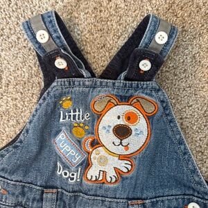 Vintage Y2K Denim Overalls Puppy Dog Embroidered Patches Fleece Lined Baby 12m